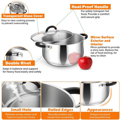 P&P CHEF Stainless Steel Stock Pot, 4 Qt Cooking Soup Pot with Visible Lid for Pasta, Tri-Ply Bottom & Dual Heatproof Handles, For Induction Gas All Stoves, Non-Toxic & Dishwasher Safe