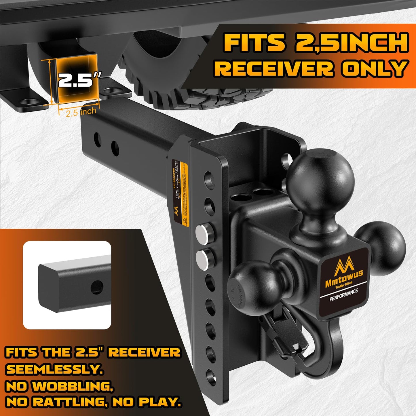 Mmtowus Adjustable Trailer Hitch - Drop Hitch -Tri Ball Mount w/Hook (1-7/8'', 2''&2-5/16''), Fits 2.5-Inch Receiver, 8'' Drop/Rise 15,000 LBS GTW Tow Hitch, 3 Ball Hitches for Trucks, RV, Camper etc