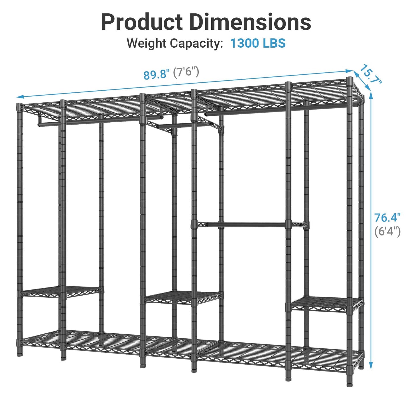 VIPEK V50 Heavy Duty Clothes Rack, Extra Large Freestanding Garment Rack with Adjustable Shelves, Open Closet Storage System for Bedroom, Reach-in/Walk-in Closet, 1300 lbs Capacity, Black