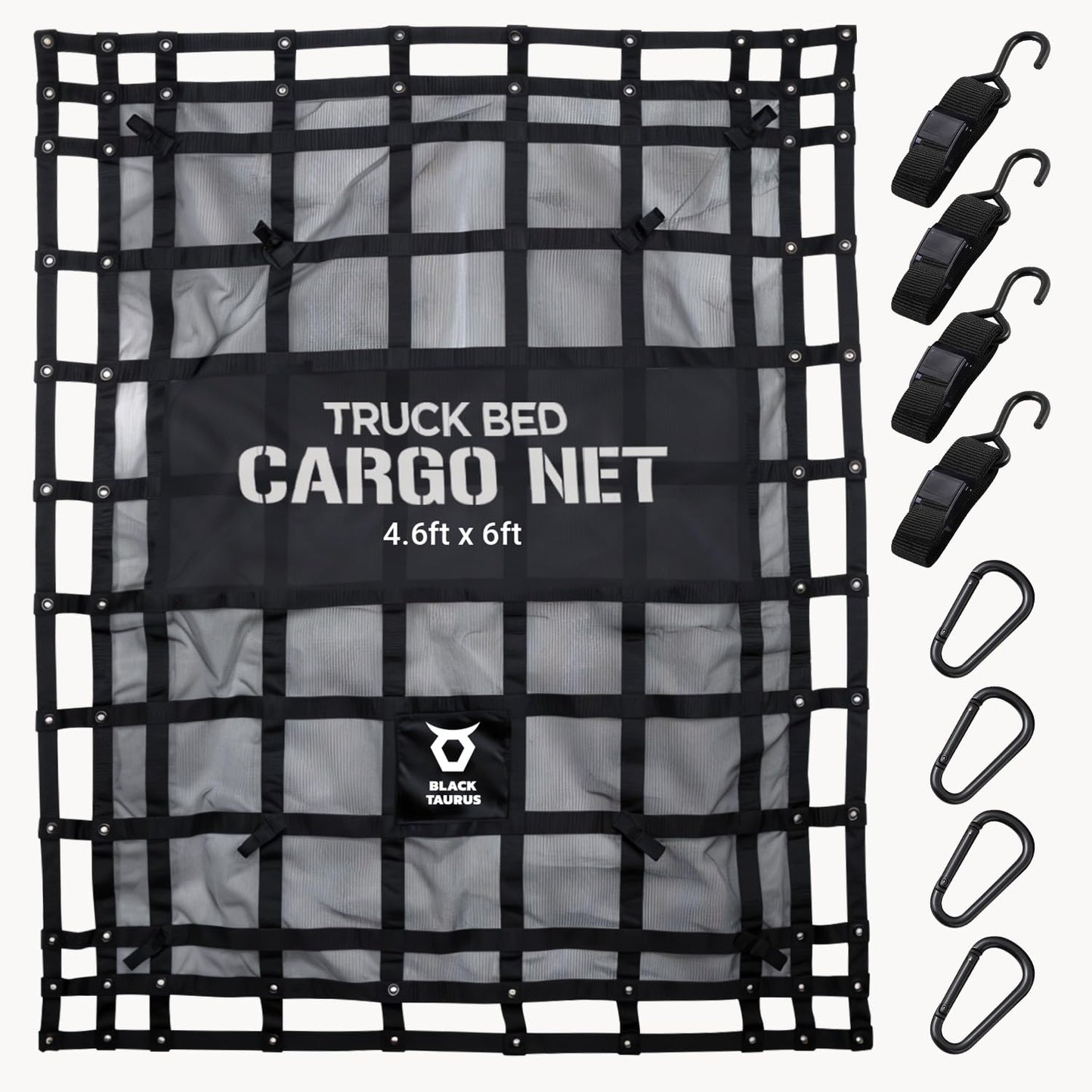 Black Taurus Heavy Duty Mesh Cargo Net – Stretchable Mesh Cargo Net for Trailer, Roof Rack, Pickup Truck, and ATV - Truck Bed Netting for Secure Load with 4 Adjustable Straps - 4.75 ft x 6 ft