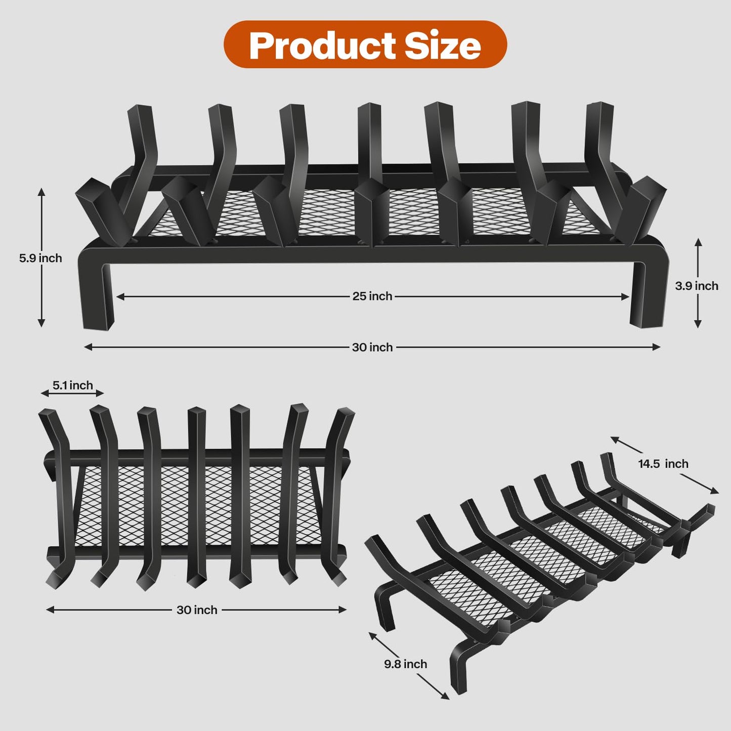 Nouetele 30 Inch Large Fireplace Grate – True 5/8" Thick Solid Steel Heavy Duty Log Holder (25% Thicker) – Extra Wide Wood Stove Rack for Big Masonry Hearths