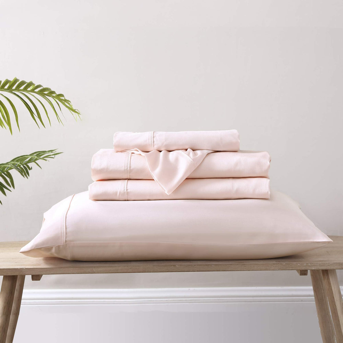 Brielle Home Tencel Lyocell Sateen Bed Sheet Set – 300 Thread Count Easy Care Luxury Feel with 16" Deep Pocket – 4 Piece Set, Blush, Queen