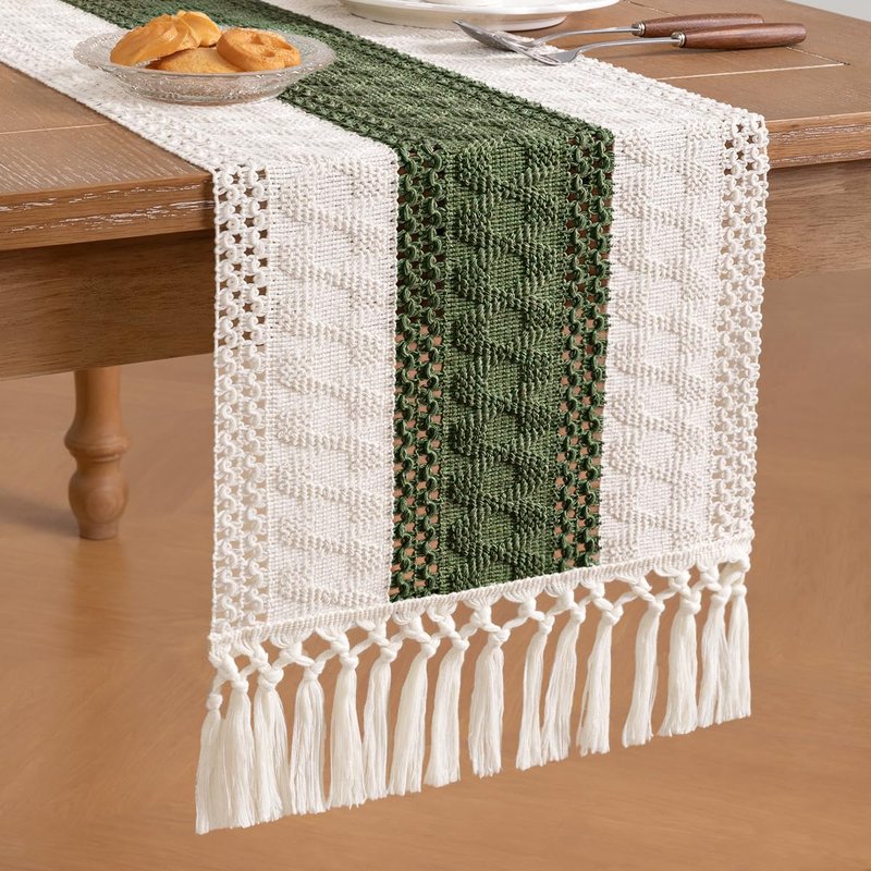 Socomi Boho Table Runner Summer Farmhouse Rustic Dining Kitchen Centerpiece Decor Small Macrame Woven Cotton Linen Coffee Table Runner for Dresser Scarf Home Decor 12x48 inch Olive Green