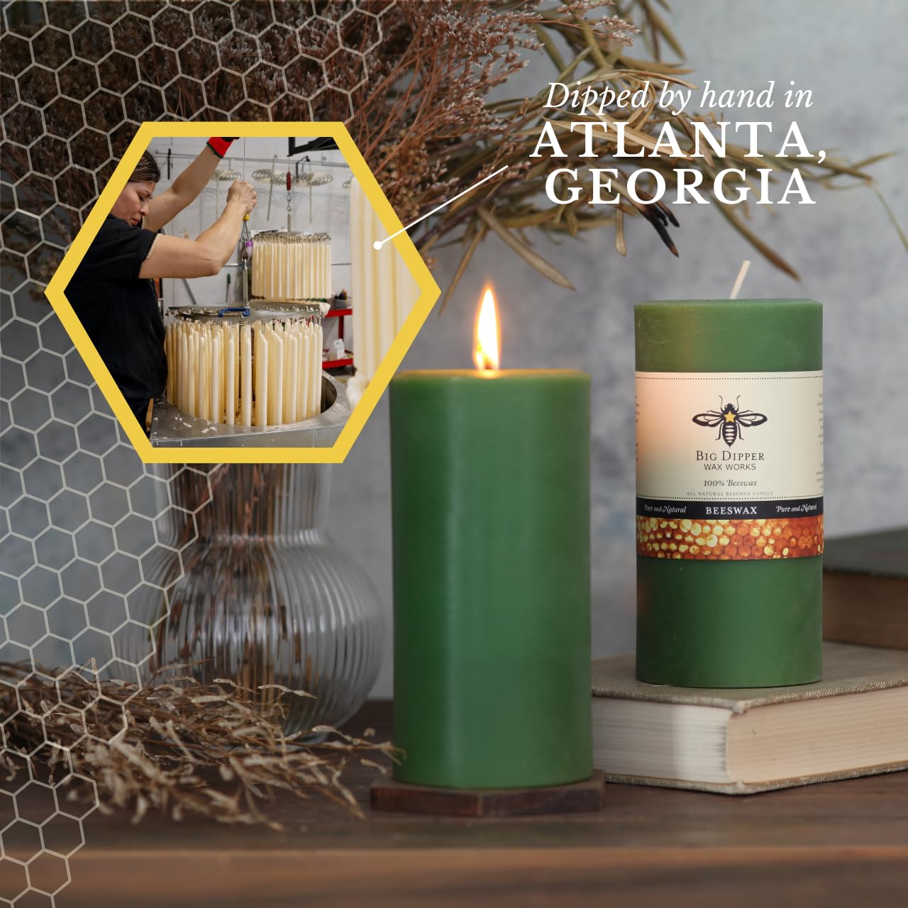 Big Dipper Wax Works Moss Green Pillar Candle, 90-Hour Long Burn, Pure Beeswax Candle, 3" x 6”