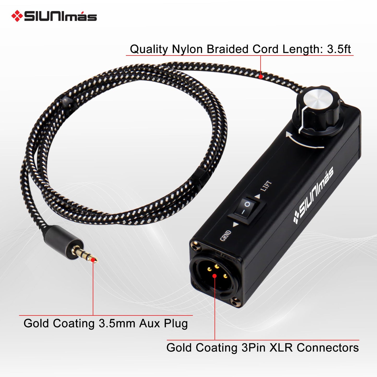 SIUNIMAS Pro 01A AUX to XLR 3Pin Noise Isolation Direct Box with Volume Controller and Grounding Switch Build-in Nylon Braided Cord Length 3.5ft Quality Durable 3.5mm AUX Plug (Pro 01A AUX-XLR)