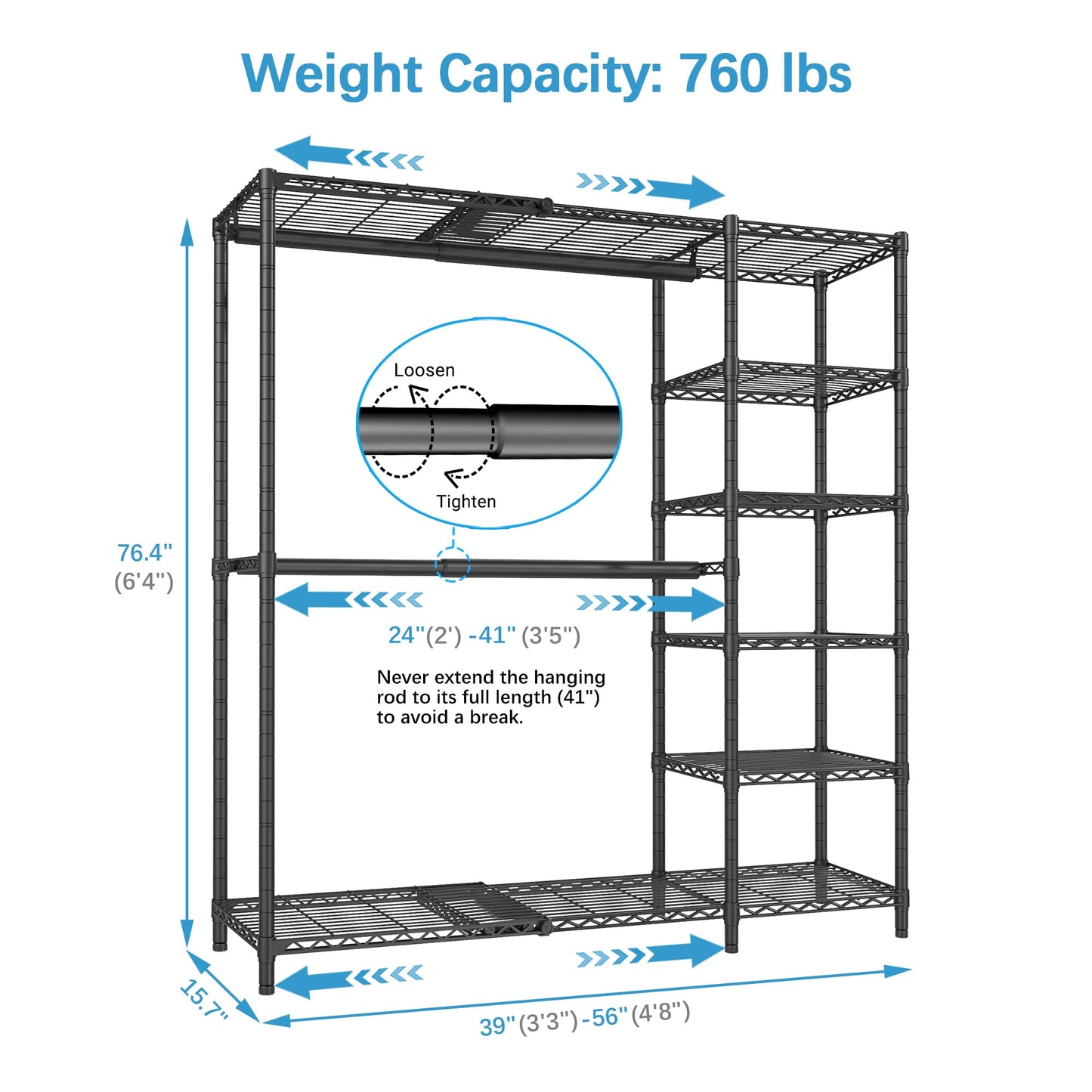 VIPEK X2 Expandable Reach-in Closet Racks Adjustable from 3'3" to 4'8" Portable Open Walk-in Closet Rack System with Flexible Shelves and Hanger Rods Clothing Rack for Hanging Clothes, Black