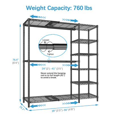 VIPEK X2 Expandable Reach-in Closet Racks Adjustable from 3'3" to 4'8" Portable Open Walk-in Closet Rack System with Flexible Shelves and Hanger Rods Clothing Rack for Hanging Clothes, Black