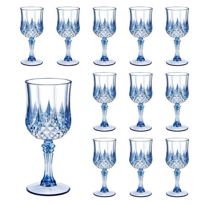 Dualshine 12 Pcs Blue Plastic Wine Glasses, Blue Transparent Plastic Goblets for Wedding Reception, Drinking Glasses for Parties, Valentine's Day, Birthdays