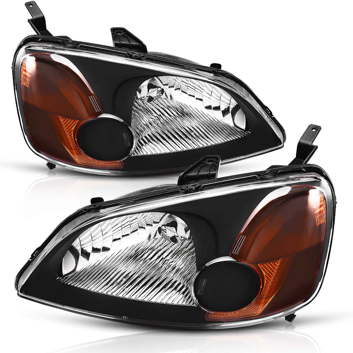 AUTOSAVER88 Headlight Assembly Compatible with 2001 2002 2003 Civic 4-Door Sedan Driver and Passenger Side Black Housing Amber Reflector Clear Lens