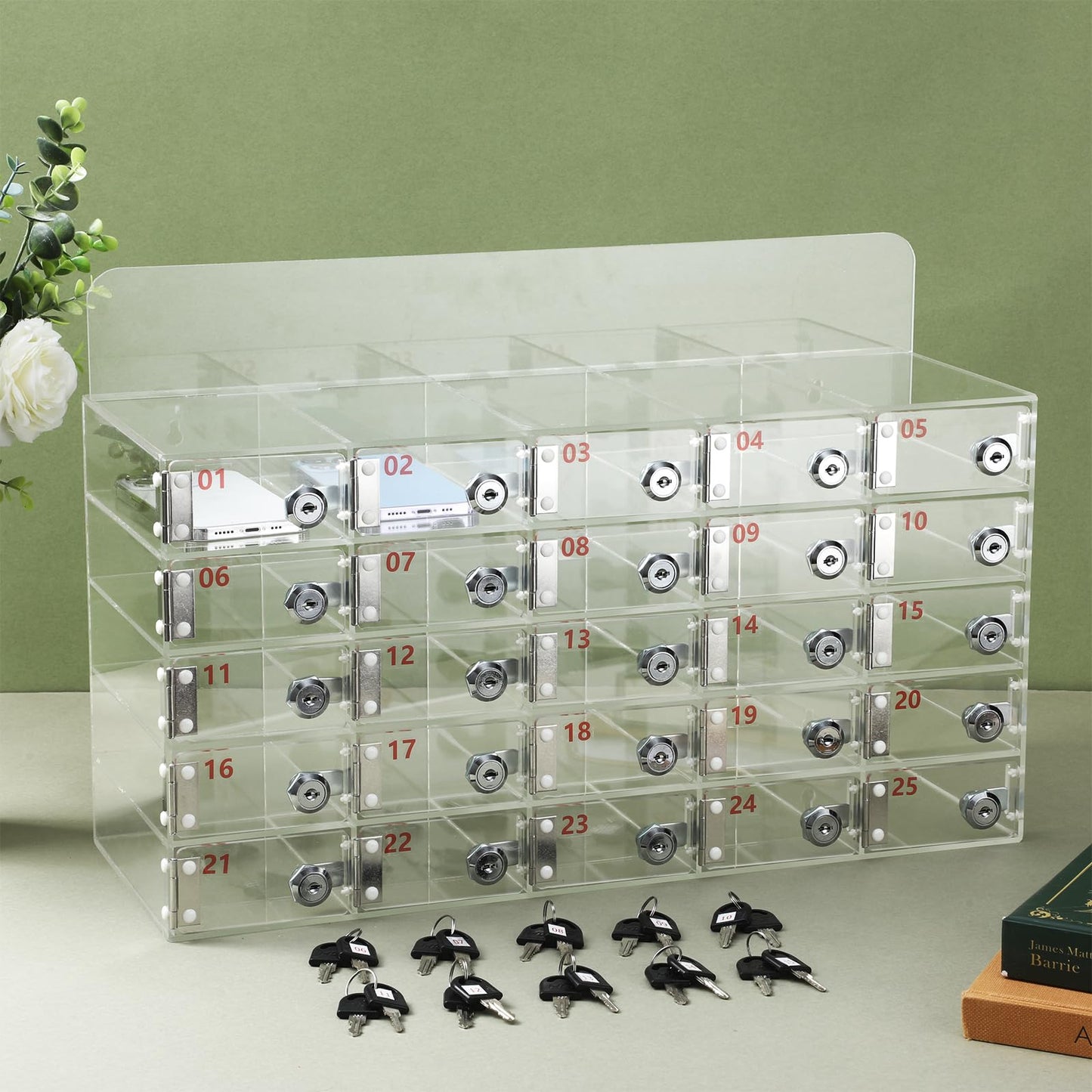Threan 25 Slot Cell Phone Storage Box, Clear Cell Phone Storage Cabinet Wall Mounted, Including Door Locks and Keys for Office School Factory Classroom Students Staff