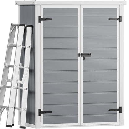 DWVO Outdoor Tall Storage Shed 50 Cuft with 2 Shelves, 4.3x2x5.5ft Vertical Tool Shed with Floor & Lockable Doors, Sturdy Double-Wall Plastic Cabinet for Garbage Cans and Garden Equipment