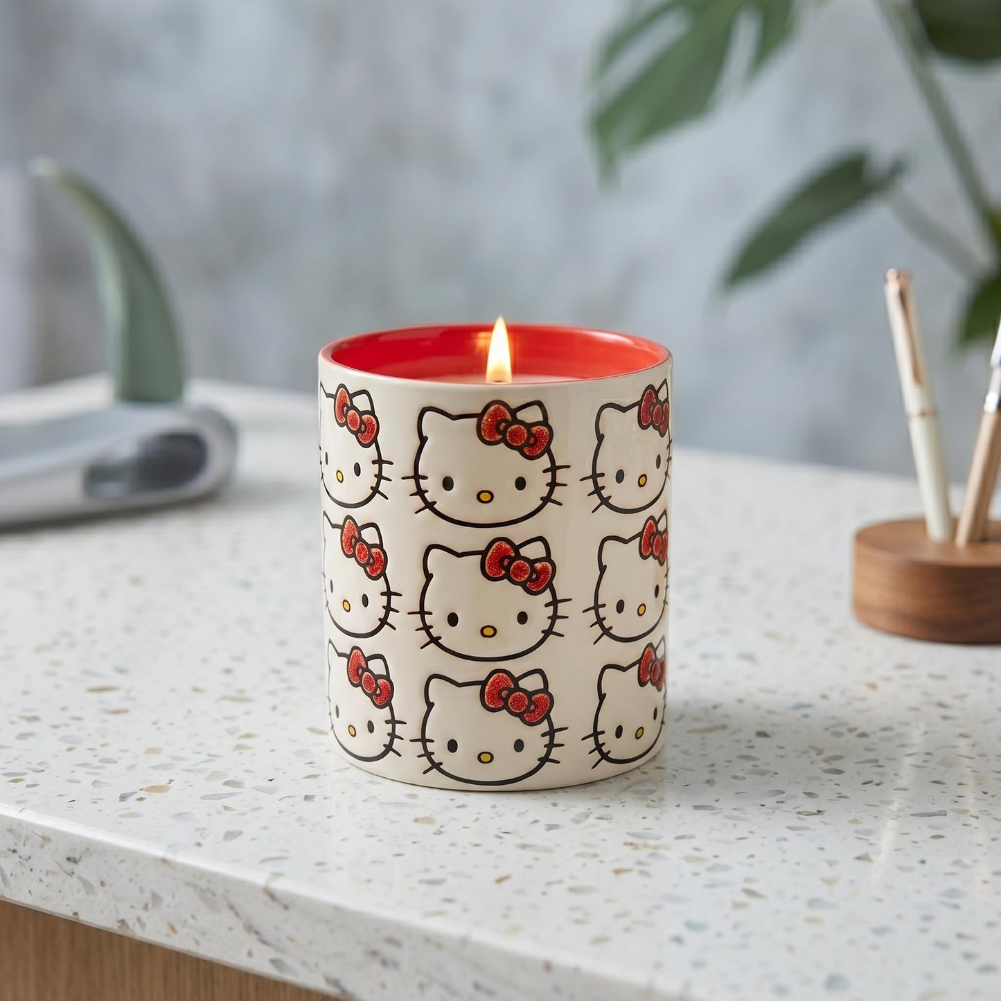 Blue Sky Clayworks Hello Kitty Face Pattern Red Ceramic Candle, Vanilla Cupcake Scent, 4" L x 4" W x 4" H, Bow Parade Glow