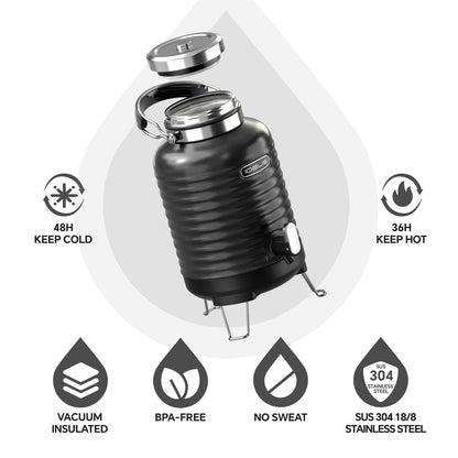 IDEUS Insulated Beverage Dispenser, All-in-one for Camping Vacuum Double-Wall Stainless Steel Water Cooler Coffee Carafe Jug Leakproof Drink Container with Handle, Spigot & Stand (Black, 1,4gal)
