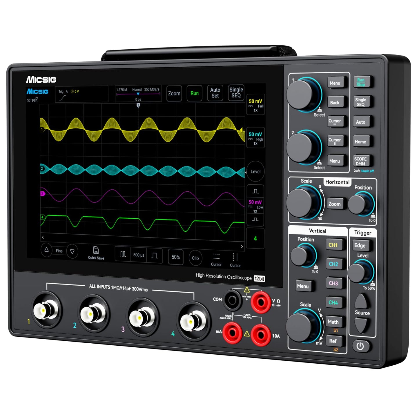 SainSmart Micsig 12-bit High Resolution Tablet Oscilloscope MHO1, 100MHz Bandwidth, ≤3.5ns Rise Time, 4 Channels, Integrated 4 5/6 Digit Multimeter, 1GSa/s, 8” HD Touch Screen & 16000mAh Battery