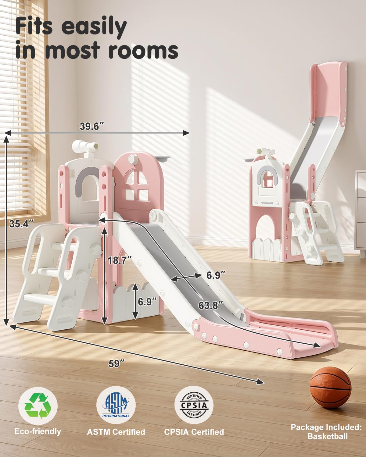 Babytronic Toddler Slide for Kids 1-3, 6-in-1 Toddler Slide Set with Basketball Hoop & Telescope, Indoor Outdoor Toddler Playset, Kids Climber Playset for Small Spaces, Indoor Playground, Pink