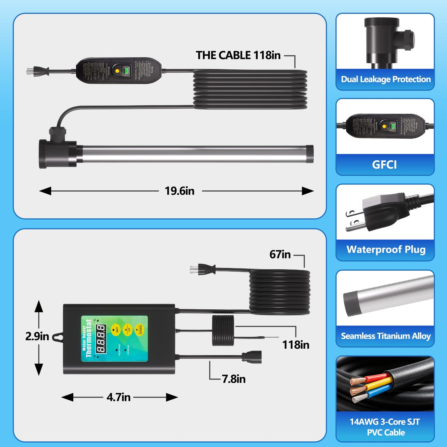 3500W 240V Titanium Fully Submersible Immersion Corrosion-Proof Water Heater, with Leakage Protection & Digital Thermostat, for Seawater Swimming Pool, Large Outdoor SPA, Commercial Large Pool