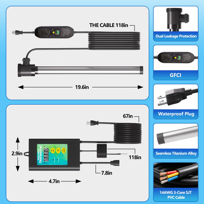 3500W 240V Titanium Fully Submersible Immersion Corrosion-Proof Water Heater, with Leakage Protection & Digital Thermostat, for Seawater Swimming Pool, Large Outdoor SPA, Commercial Large Pool