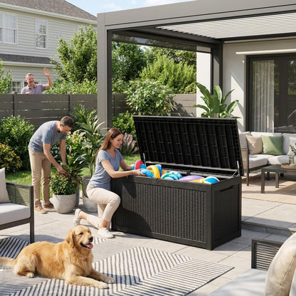Decksplore 320 Gallon Resin Deck Box, Waterproof Outdoor Storage Bin for Patio Furniture, Pool Accessories, and Garden Tools, Lockable & UV-Resistant, Black