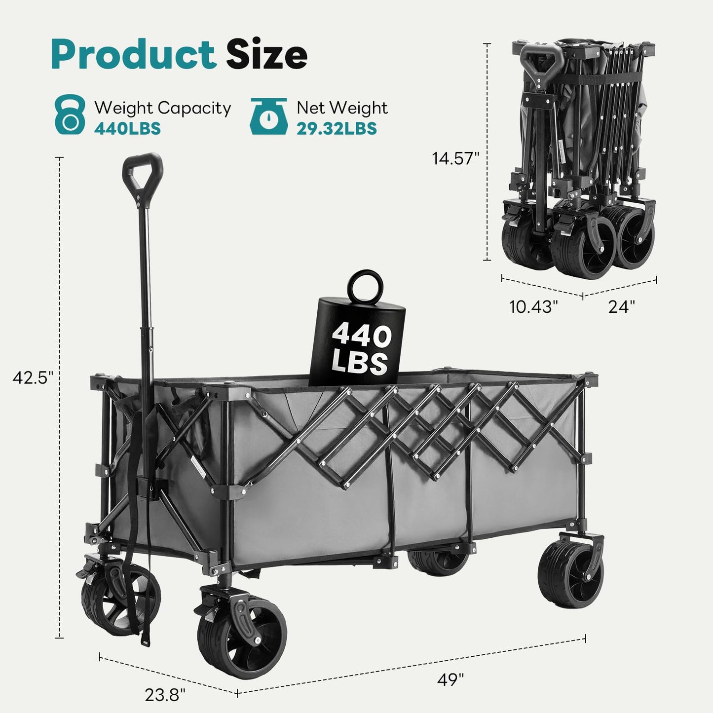 OLIXIS 49" L Collapsible Wagon Cart - 440lbs Foldable Extra Long Heavy Duty Utility Wagon with Wheels, Portable Storage Grocery Cart for Camping, Shopping, Sports, Beach, Garden-Grey