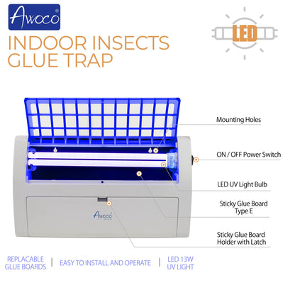 Awoco LED 13W 100V-240V Wall Mount Sticky Fly Trap Lamp for Capturing Flies, Mosquitoes, Moths and Flying Insects (Fly Trap + 6 Glue Boards)