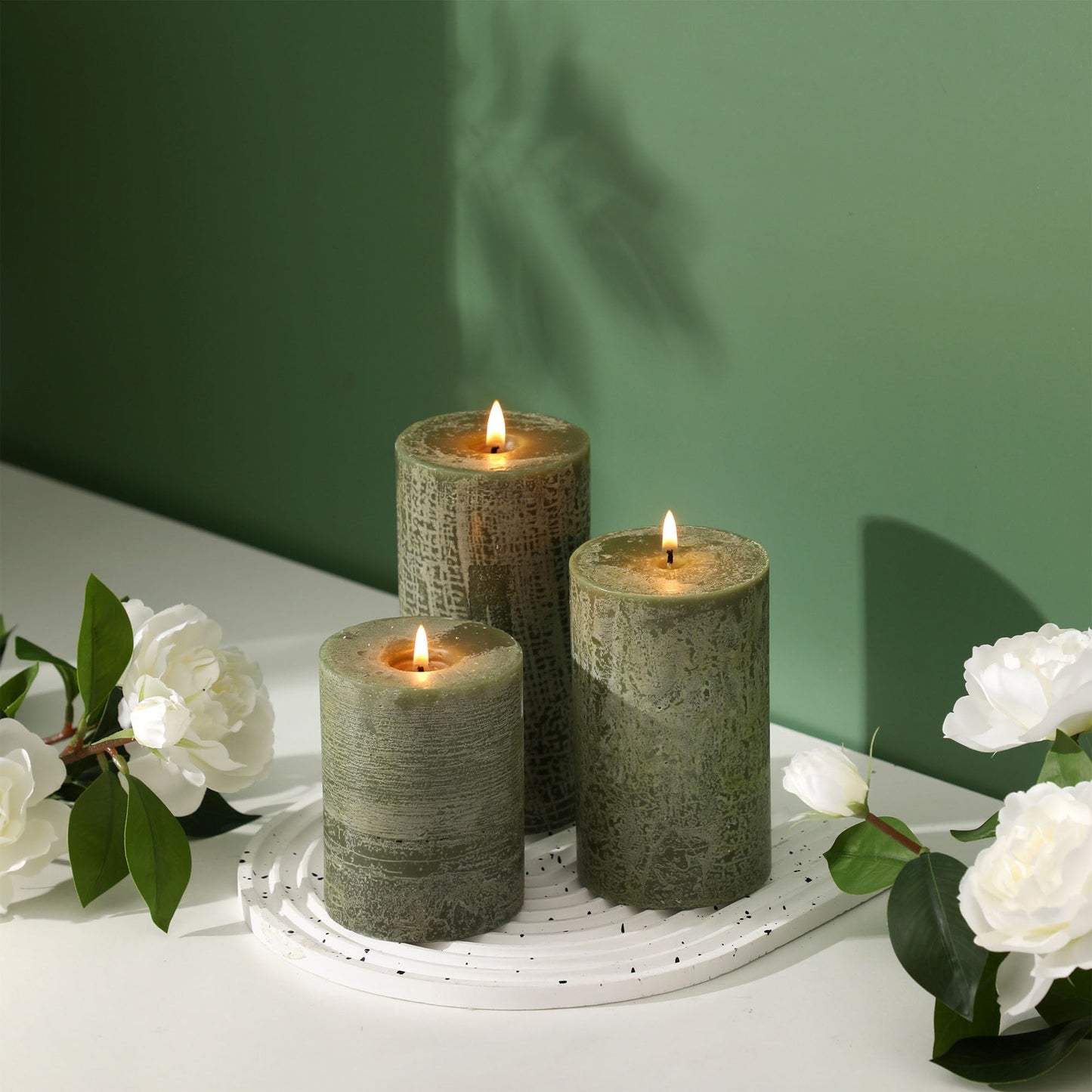 Moss Green Pillar Candles Set of 3 - Hand-Poured Unscented Candles,Smokeless Dripless Candles for Dinner Table and Home, Set of 3 in Different Sizes (3"x4", 3"x5", 3"x6")