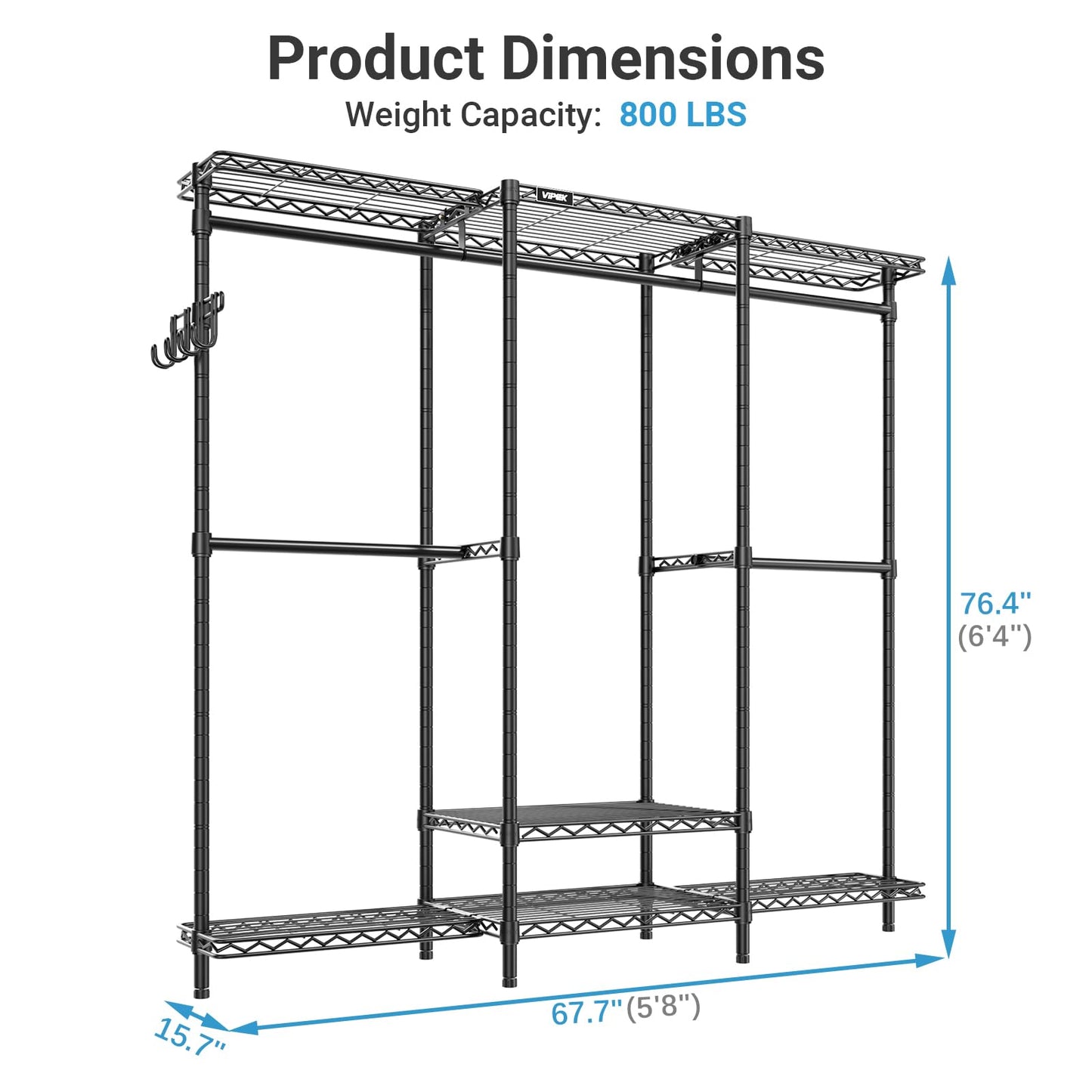 VIPEK V3 Nano Clothes Rack with 4 Semi-Shelves and 3 Standard Shelves, Clothing Rack for Hanging Clothes, Free Standing Closet System, Portable Metal Wardrobe for Bedroom, Max Load 800LBS, Black