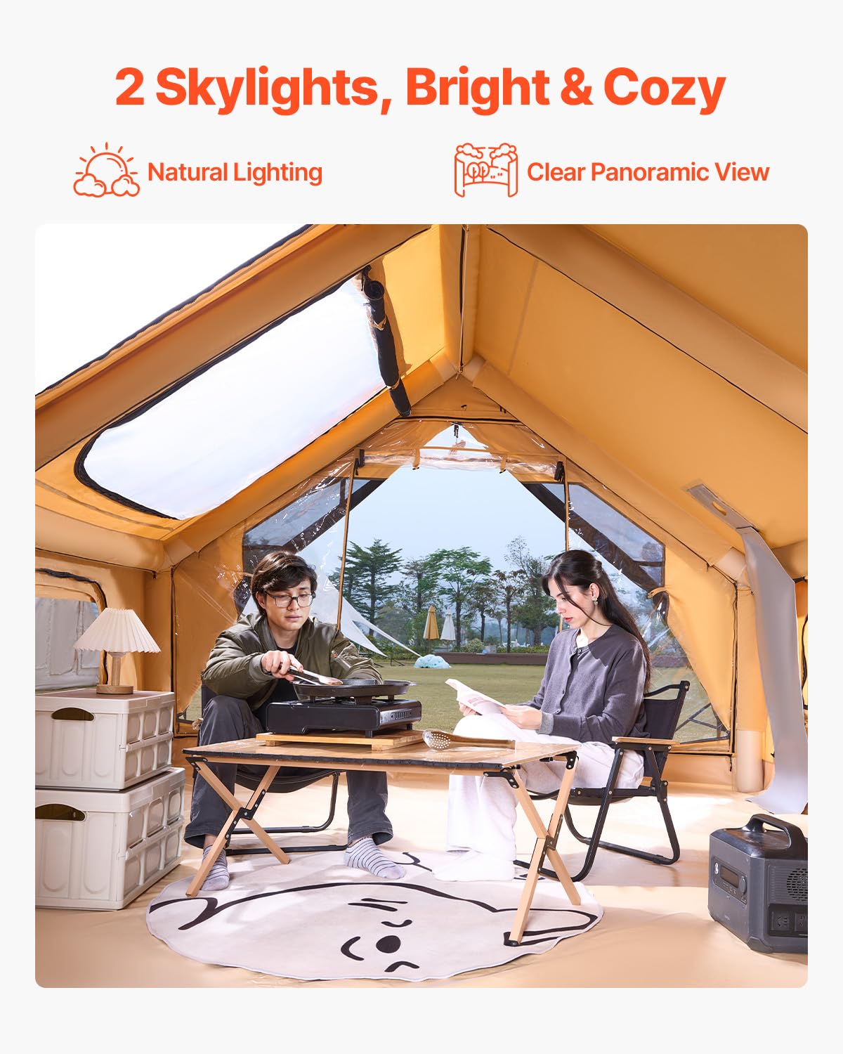 VEVOR Inflatable Tents for Camping, 5-8 Person Easy Setup Blow up Tent with Hand Pump, Luxury Glamping Tent with 2 Skylights, Canopy, Stove Jack 2 Doors & Mesh Windows (Storage Bag Included)