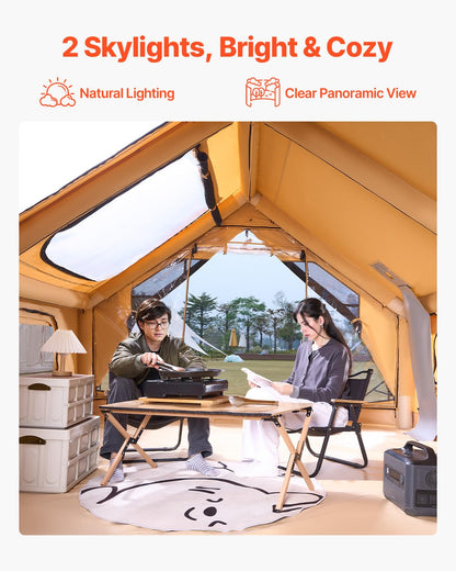 VEVOR Inflatable Tents for Camping, 5-8 Person Easy Setup Blow up Tent with Hand Pump, Luxury Glamping Tent with 2 Skylights, Canopy, Stove Jack 2 Doors & Mesh Windows (Storage Bag Included)