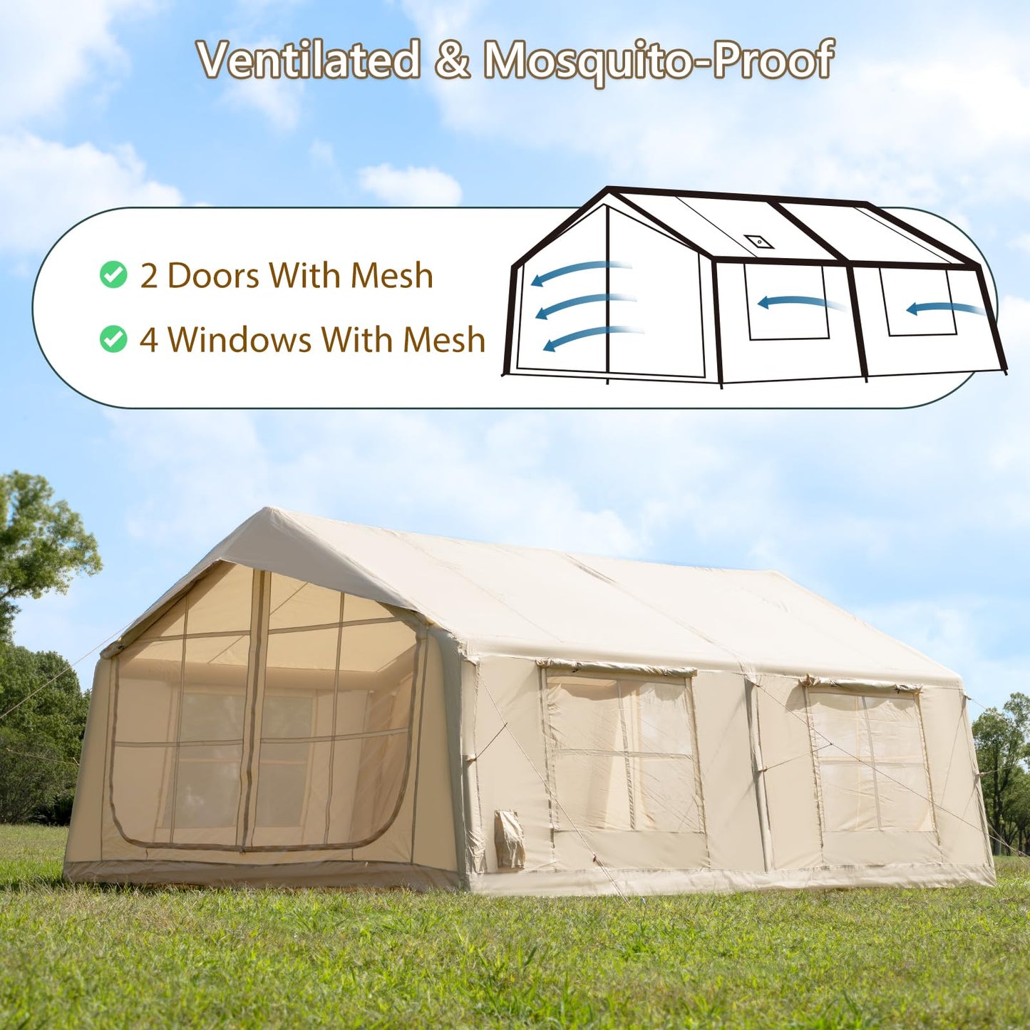 Inflatable Tent for Camping with Rainfly, 8-12 Person Easy Setup Air Tent with 2 Rooms & Hand Pump, 4 Season Glamping Tent with Stove Jack, Large Family House Tent for Outdoor Camping