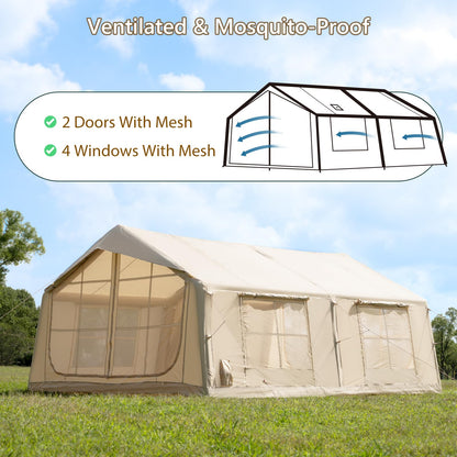 Inflatable Tent for Camping with Rainfly, 8-12 Person Easy Setup Air Tent with 2 Rooms & Hand Pump, 4 Season Glamping Tent with Stove Jack, Large Family House Tent for Outdoor Camping