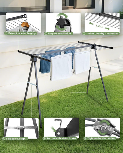 Sukkiri Homu Outdoor Clothes Drying Clothesline Rack, Heavy-Duty Steel Collapsible Laundry Drying Rack, Foldable & Portable Garment Drying Stand for Patio, Yard, Travel, Space-Saving Design