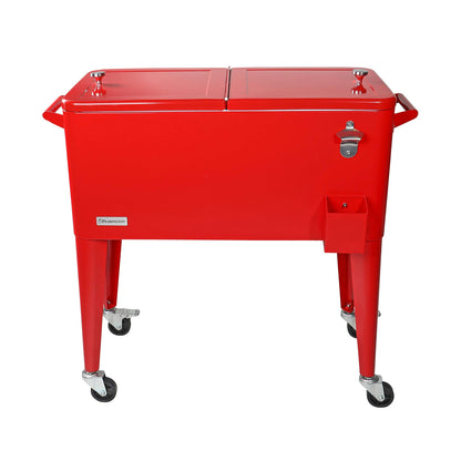 Pearington 80 Quart Rolling Ice Chest, Portable Patio Party Bar Drink Cooler Cart, with Shelf, Beverage Pool with Bottle Opener, Red