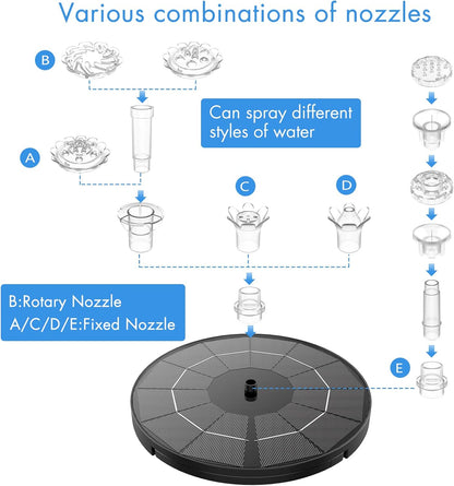 AISITIN Solar Fountain Pump - DIY Water Feature with 6 Nozzles & 3.9ft Cord for Bird Baths, Gardens, Ponds