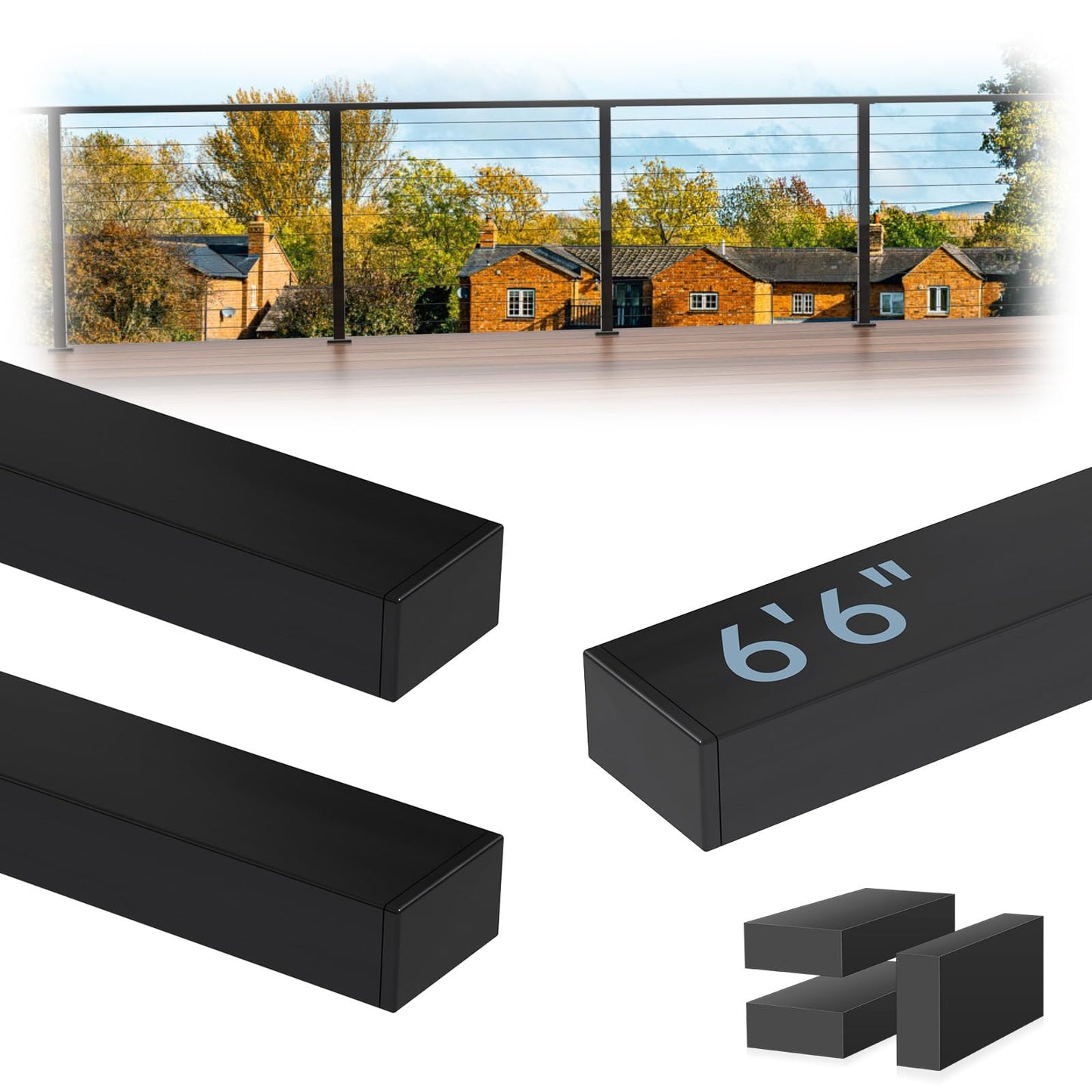 Zylorix 3Pack 6'6" Stainless Steel T304 Black Handrail for Cable Railing with Nylon End Cap Extension Connectors, 2.36" W x 1.18" H Cuttable Flat Handrail Rectangular Top Rail for Indoor Outdoor