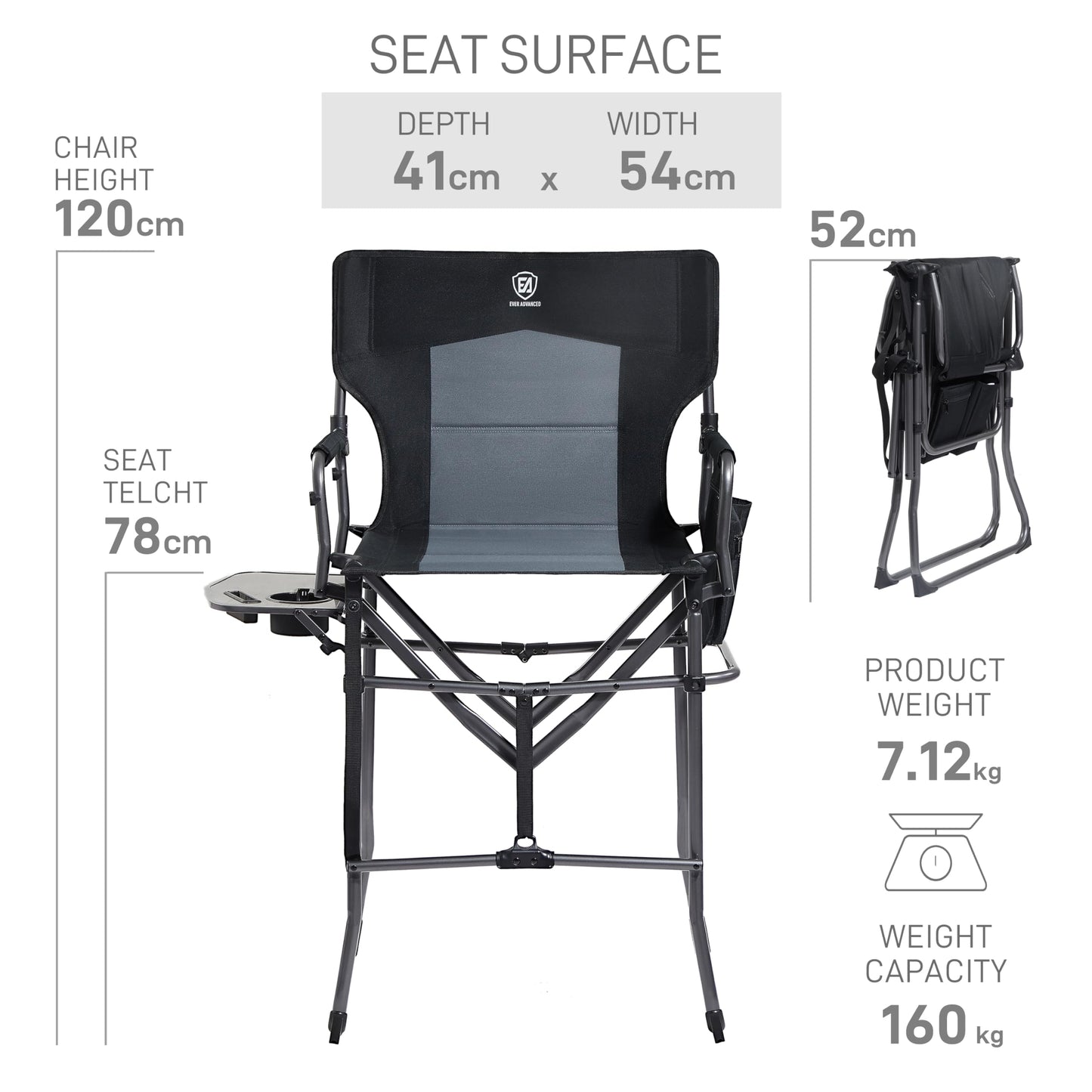 EVER ADVANCED Portable 30.7" Seat Height Tall Folding Camping Chair Directors Chair High Foldable Bar Stool with Side Table for Makeup Artist, Sports Event, Craft Show, Supports 350LBS