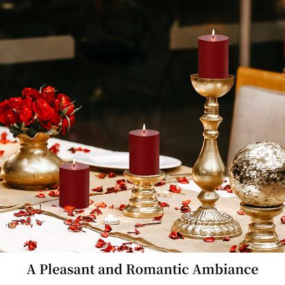 KONNI Dark Red Pillar Candles Set of 3, 3"x 6" Unscented Pillar Candles Bulk, 56 Hours Long Burning Candles, Smokeless&Dripless Large Round Candle for Wedding, Home Decoration, Parties, Spas, Dinner