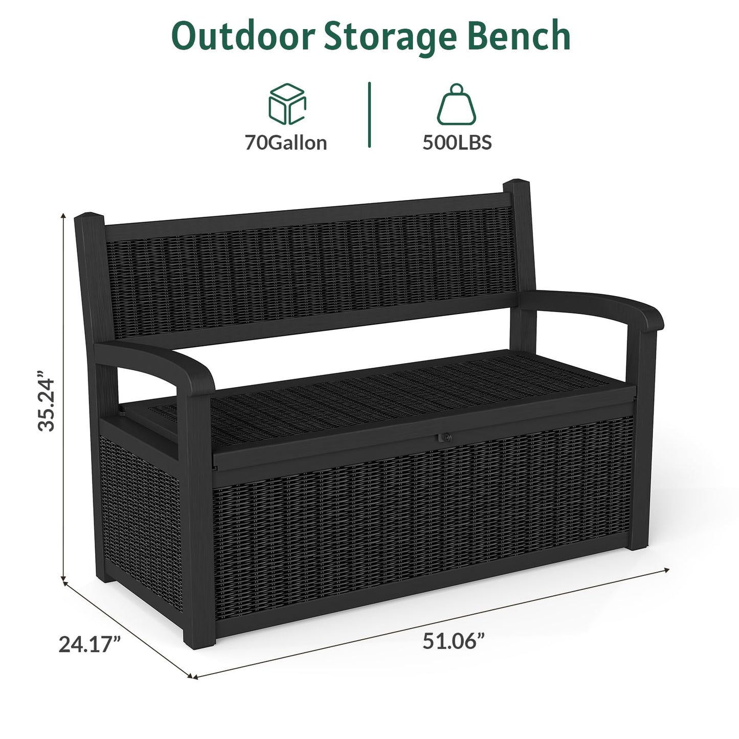 Skepphlay 70 Gallon Storage Bench Outdoor, Deck Box Bench with Armrest, Lockable Outside Benches with Storage, Deck Boxes Waterproof for Pool Patio Garden (Black)