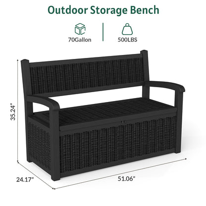Skepphlay 70 Gallon Storage Bench Outdoor, Deck Box Bench with Armrest, Lockable Outside Benches with Storage, Deck Boxes Waterproof for Pool Patio Garden (Black)