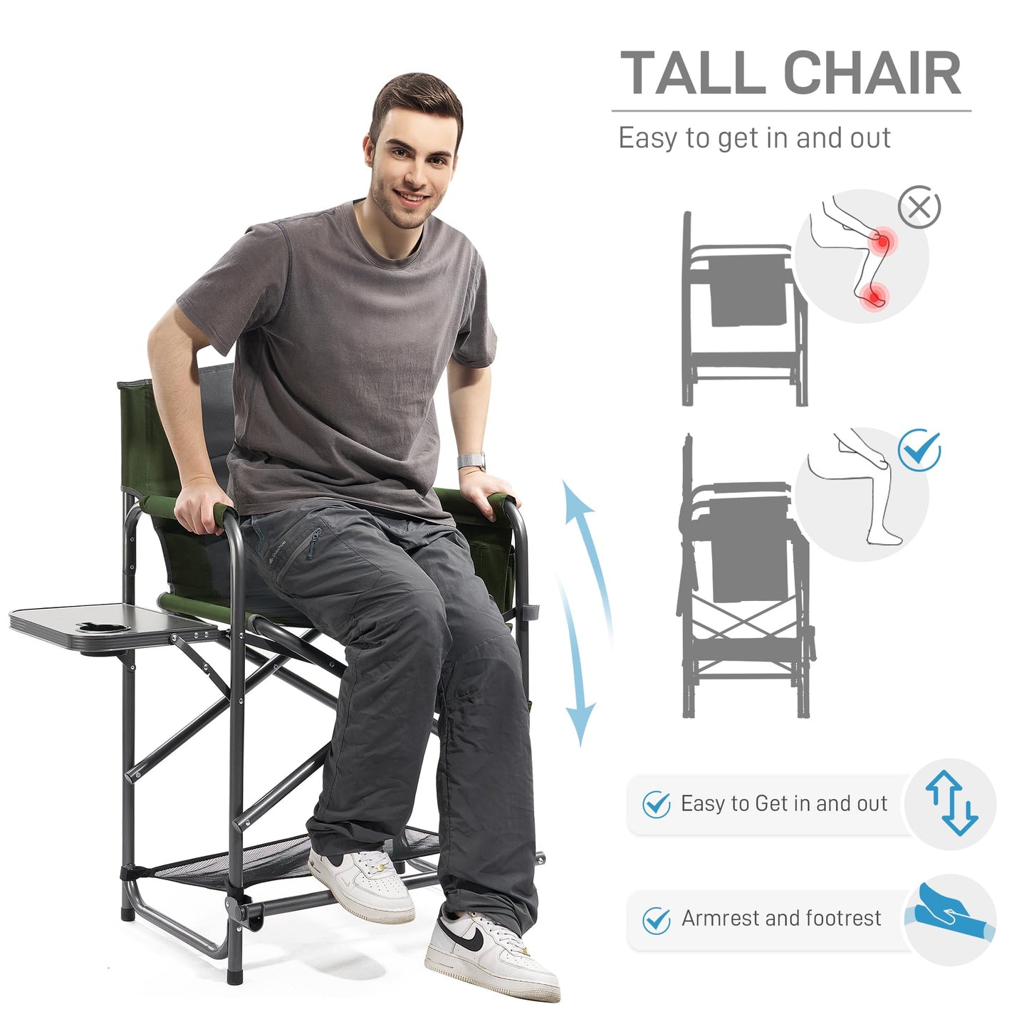 EVER ADVANCED Medium Tall Directors Chair Foldable Makeup Artist Chair Bar Height with Side Table Cup Holder and Pocket Footrest, Supports 400LBS (Green, Seat Height: 23.2 inches)