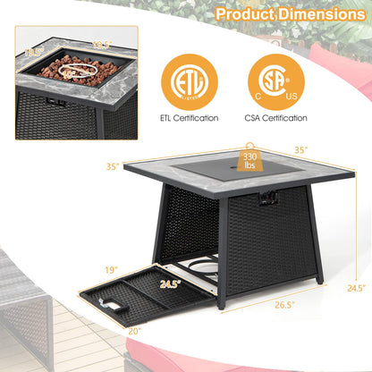 COSTWAY 35" Propane Gas Fire Pit Table, 50,000 BTU Auto-Ignition Propane Fire Pit with Lid, Lava Rocks and PVC Cover, Outdoor PE Rattan Fire Pit Table for Poolside, Garden, Balcony, ETL Certification