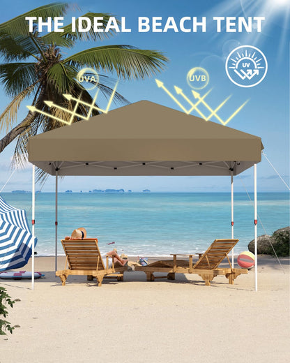 10x10 Pop Up Canopy with One Button Push Setup - Heavy Duty Outdoor Canopy Tent with Portable Roller Bag - 3 Adjustable Height, 4 Weight Bags, 8 Stakes & 4 Guy Ropes Included, Khaki
