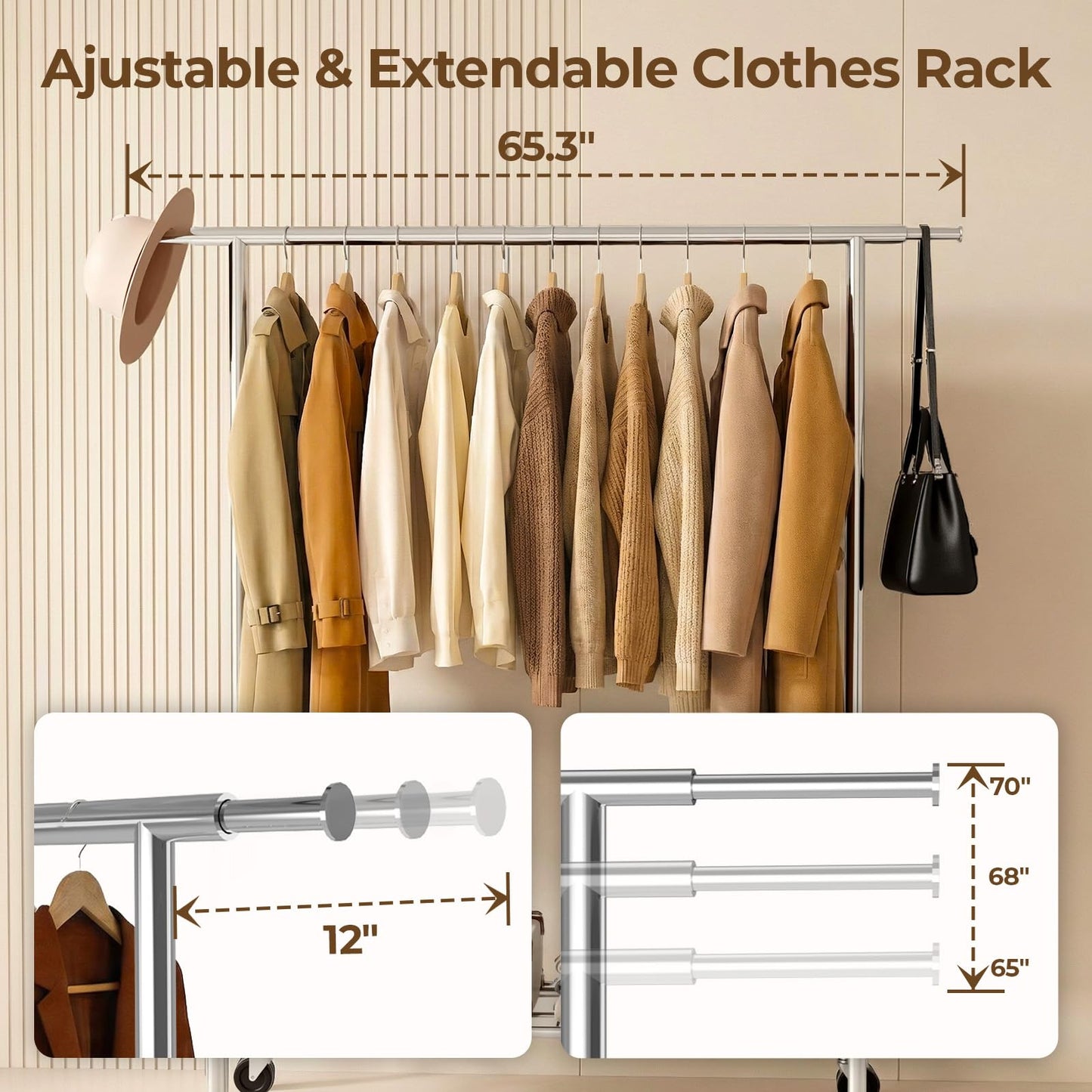 Okmeilnk Heavy Duty Clothes Rack Load 500 LBS，Clothes Rack for Hanging Clothes，Rolling Garment Rack, Adjustable Freestanding Wardrobe Closet Coat Rack for Bedroom Laundry Living Room, Silver