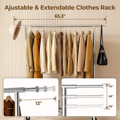 Okmeilnk Heavy Duty Clothes Rack Load 500 LBS，Clothes Rack for Hanging Clothes，Rolling Garment Rack, Adjustable Freestanding Wardrobe Closet Coat Rack for Bedroom Laundry Living Room, Silver
