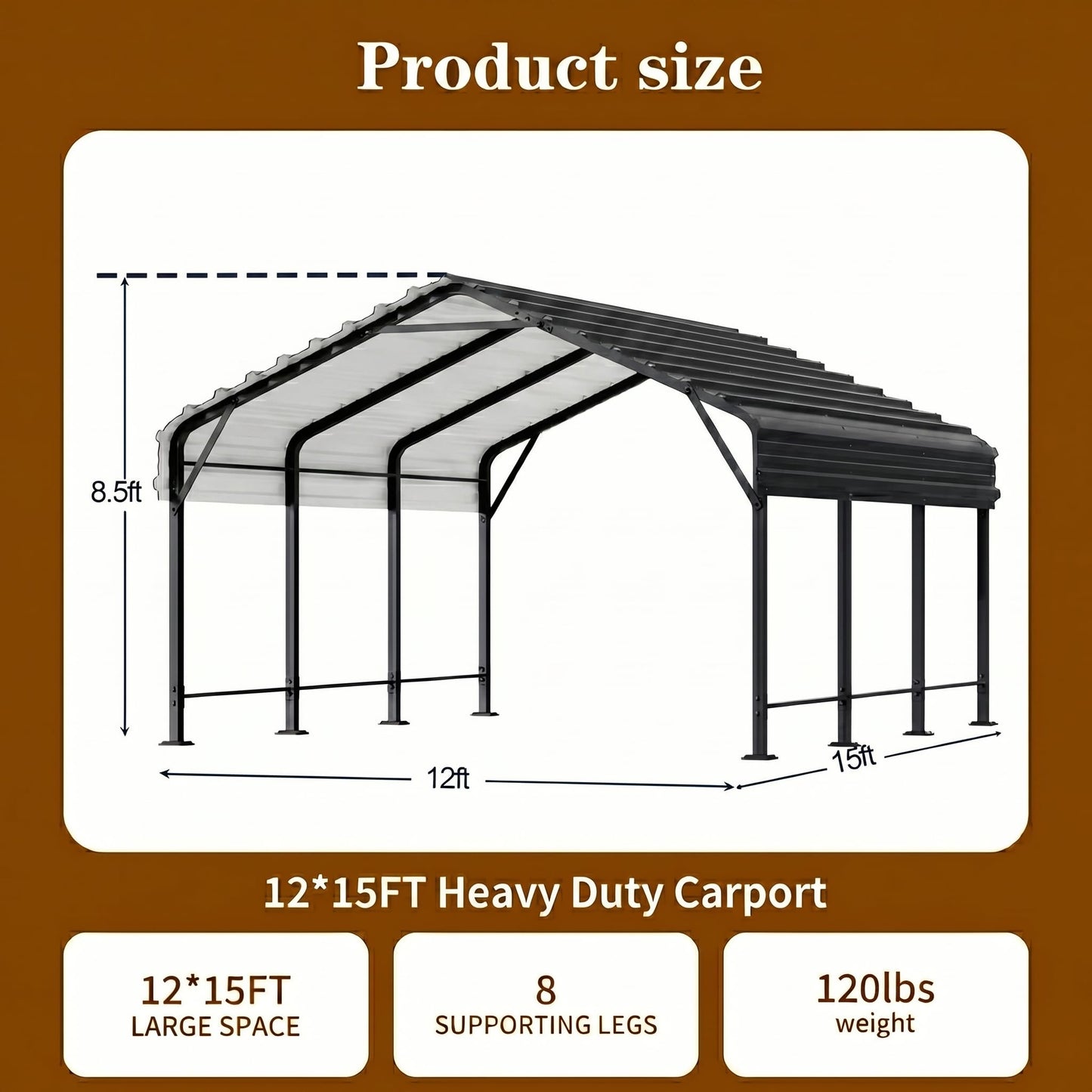 12x15 FT Heavy Duty Metal Carport, All-Weather Outdoor Vehicle Shelter with Steel Roof & Reinforced Frame, Permanent Car Canopy for Trucks, SUVs, Boats & Garden Storage, Gray