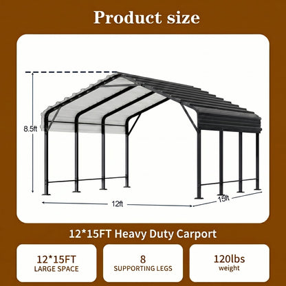 12x15 FT Heavy Duty Metal Carport, All-Weather Outdoor Vehicle Shelter with Steel Roof & Reinforced Frame, Permanent Car Canopy for Trucks, SUVs, Boats & Garden Storage, Gray