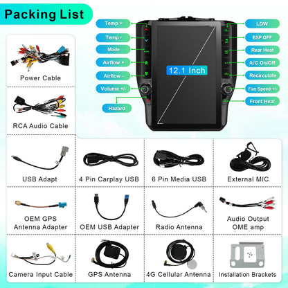 CRUIOLUT 8 Cores 4+64G Radio Upgrade,2019-2024 for Dodge Ram 1500 2500 3500 Truck Car Radio Upgrade,12 inch Vertical Touchscreen Support Wireless CarPlay Android Auto GPS Bluetooth FM SWC(12 inch)