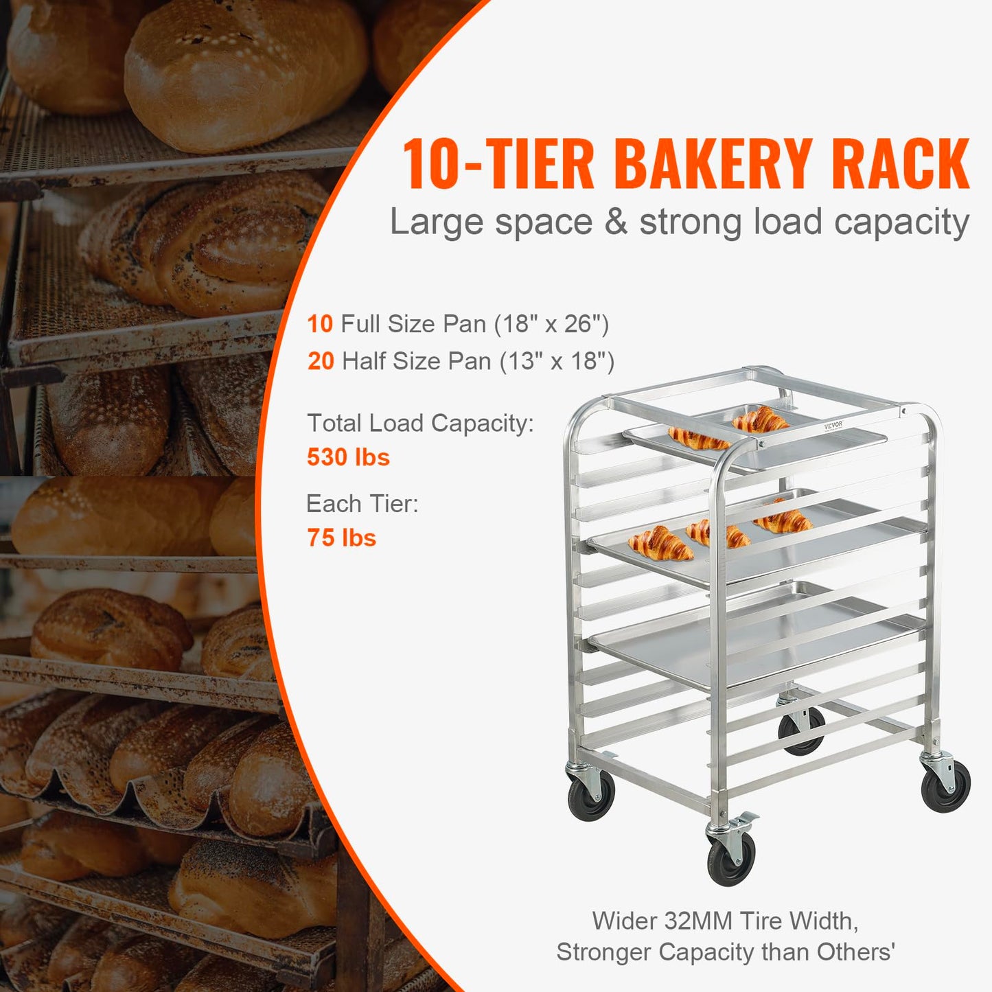 VEVOR 10-Tier Bun Pan Rack, Aluminum Racking Trolley Storage with Brake Wheels, Commercial Bakery Racks for Half & Full Sheet, Speed Rack For Kitchen Home, Bread Baking Equipment, 26"L x 20.3"W x 39"H