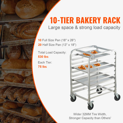 VEVOR 10-Tier Bun Pan Rack, Aluminum Racking Trolley Storage with Brake Wheels, Commercial Bakery Racks for Half & Full Sheet, Speed Rack For Kitchen Home, Bread Baking Equipment, 26"L x 20.3"W x 39"H