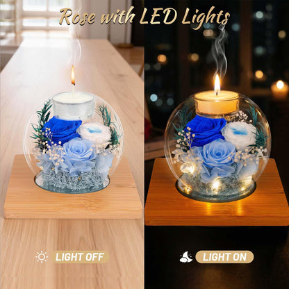Preserved Blue Real Rose in Glass with Lavender and Vanilla Scented Candles - Forever Flower Romantic Gift for Mom, Women, Wife, Girlfriend, Her, Grandma
