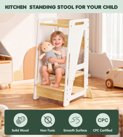 Toddler Standing Stool with Sliding Door, 3-Height Adjustable Kitchen Step Stool for Kids, Sturdy Wooden Learning Tower with Non-Slip Feet, Ages 18 Months–6 Years, White